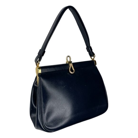 Vintag Leather Handbag Goldtone Hardware Clamshell Closure Navy Blue - Picture 2 of 8